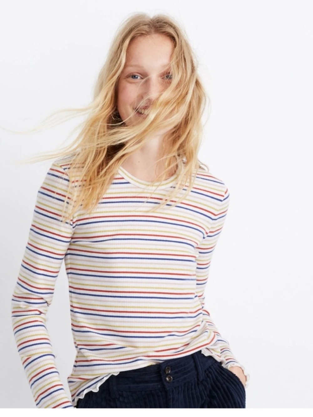 Madewell‎ lighthouse Ribbed Long-Sleeve Baby Tee with Rainbow Shimmer Stripes